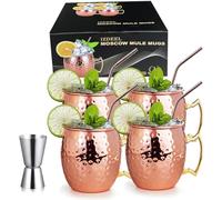 izdeel Bicchieri Moscow Mule Rame 100% Lavorate a Mano | Mug Moscow Mule Set di 4 | Tazze capacità 550ml | BONUS: 4 Cannucce di Rame da Cocktail di Alta Qualità e 1 Jigger