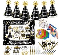 iZoeL 73 Pezzi Decorazioni Capodanno 2025 Forniture per Feste di Capodanno Happy New Year 2025, Happy New Year Cappelli Accessori Cabine Foto 2025 Occhiali Cannuccia Rumore di Festa Cannone Coriandoli