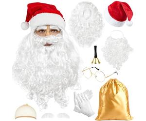 iZoeL Costume Babbo Natale per Adulti - Accessori Completi: Cappello, Parrucca, Barba, Campane, Occhiali, Guanti e Sacchi