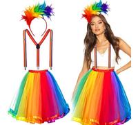 iZoeL Costume di Halloween da donna arcobaleno in tulle con piuma cerchietto colorato bretelle, gonna arcobaleno, unicorno anni '50, abbigliamento da donna, Halloween Carnevale