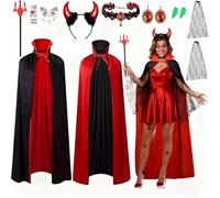 iZoeL Costume Diavolo Donna Mantello Adulto Costume Strega, 143 cm Mantella Reversibile Corna Diavolo Tatuaggio Maniche Orecchini Collana Denti, Costume Halloween/Carnevale/Ball Masquerade Donna