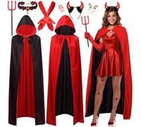 iZoeL Costume Diavolo Donna, Mantello Nero con Cappuccio Corna Diavolo | 6 pcs, Mantello Reversibile Corna Diavolo Forcone Collana Guanti Tatuaggio Costume Carnevale Donna Costume Halloween/Cosplay