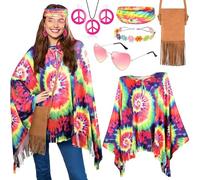 iZoeL Costume Hippie Donna anni 70-80, Mantello, Top, Borse, Occhiali da Sole, Fascia per Capelli, Orecchini, Collana Pace, Costume Carnivale/Halloween/Discoteca anni 70-80
