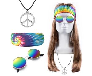 iZoeL Costume Hippie Parrucca Hippie - 4 pezzi Parrucca Occhiali da Sole Collana Peace Fascia per Capelli - Vestiti Anni 70 80 Vestito Discoteca Costume Carnevale Abiti Halloween Discoteca Uomo