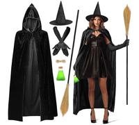 iZoeL Costume Strega Donna Mantello con Cappuccio Velluto, 170 cm Mantelli Cappello Guanti Scopa Bottiglia - Strega Wicca Costume Carnevale/Halloween/Ballo in Maschera/Cosplay/Festa, pour Donna