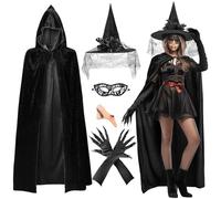 iZoeL Mantello con Cappuccio Velluto Costume Strega Donna - 170 cm Mantelli Cappello Maschere Naso Lungo Guanti, per Strega Wicca Costume Carnevale/Halloween/Ballo in Maschera/Festa, pour Donna