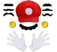iZoeL Mario Luigi Cappello, 1 Cappello 7 Baffi Finti 1 Guanti 2 Bottoni Decorazione, per Costume Carnevale Cosplay Costume Halloween Uomo Donna Bambino