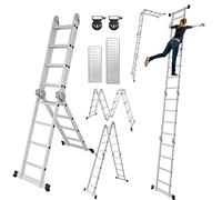Izrielar Scala telescopica 5,8 m, in alluminio, 4 x 5 pioli, con 2 piastre e 2 ruote, scala pieghevole, scala di lavoro, scala domestica, fino a 150 kg, colore: argento