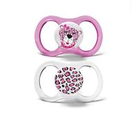 J BIMBI Pack 2 Succhietti Smile Mini 16+ Mesi in Silicone Medicale - Ciucci Bimba Leopardo con Scudo Ultraventilato in Tritan, Tettarella Fisiologica e Custodia Sterilpod