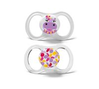 J BIMBI Pack 2 Succhietti Smile Mini 6+ Mesi in Silicone Medicale - Ciucci Bimba Ippopotamo con Scudo Ultraventilato in Tritan, Tettarella Fisiologica e Custodia Sterilpod