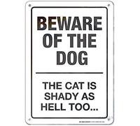 J.DXHYA Targa in latta con scritta "Warning Beware of the Dog The Cat is Shady As Hell Too Road Business", 20,3 x 30,5 cm, in alluminio, stile vintage