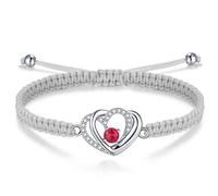 J.Endéar Bracciale Doppio Cuore Donna Regalo, Argento 925 Gioielli Zirconi Rossi per Ragazze, Fatto A Mano Intrecciato Corda Grigio Bracciale Regolabile Per Adolescenti