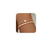 J.Fée 2 Pezzi Bracciale Donna Oro 3MM Bracciale Tennis Donna e Bracciali Quadrifoglio, Set Bracciali Oro Regolabile con Zirconi Cubici, Set di Gioielli Mamma Regalo Amica Regali Fidanzata