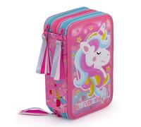 J.M. Inacio UNICORNO - ASTUCCIO SCUOLA 3 ZIP UNICORNO ARCOBALENO - COMPLETO DI 44 PEZZI - PRODOTTO ESCLUSIVO (ROSA/CELESTE)