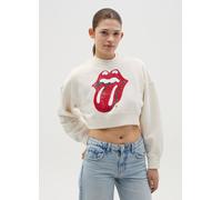 J MUSIC MATTER DONNA, Felpa Crop Con Stampa Rolling Stones, Donna, Bianco, Taglia: XS