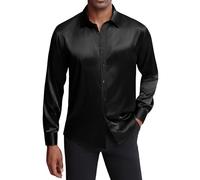 J.Ver Camicia da uomo in raso, a maniche lunghe, casual, lucida, con bottoni, lussuosa, per feste e balli, nero, M