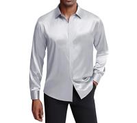 J.Ver - Camicia da Uomo in Raso, a Maniche Lunghe, Casual, Lucida, con Bottoni, Lussuosa, per Feste e Balli, Argento Blu, L