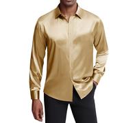 J.VER - Camicia da Uomo in Raso, a Maniche Lunghe, Casual, Lucida, con Bottoni, Lussuosa, per Feste e Balli, Oro, L