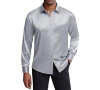 J.Ver - Camicia da Uomo in Raso, a Maniche Lunghe, Casual, Lucida, con Bottoni, Lussuosa, per Feste e Balli, Argento Scuro., L