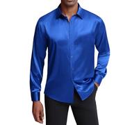 J.VER - Camicia da Uomo in Raso, a Maniche Lunghe, Casual, Lucida, con Bottoni, Lussuosa, per Feste e Balli, Blu Reale, L