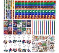 J6&H6 Set da 98 pezzi per bomboniere incluso sacchetti con coulisse con 6 diversi disegni unici braccialetti adesivi fischietti palline antistress per feste di calcio (sacchetti regalo)
