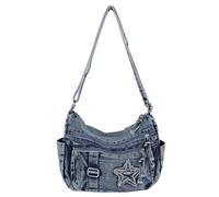 JABALUX Borsa a Mano in Denim, Tracolla Regolabile, 29x21x10 cm | 3 Modi di Indossare, Patch Stella Decorativa, Diversi Scomparti, Cerniera, Peso 0,36 kg