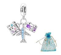 JABEDE Ciondolo charm da viaggio per braccialetto - Valigia rosa, aeroplano e passaporto - Argento 925 per donne che amano viaggiare, Standard, Argento sterling