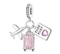 JABEDE Ciondolo da viaggio per braccialetto - Valigia rosa, aeroplano e passaporto, argento 925 per donne che amano viaggiare, Standard, Argento sterling, No aplica