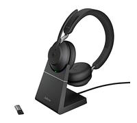 Jabra Evolve2 65 Bluetooth Wireless Headset con microfono per chiamate e musica, cuffie dual-ear con adattatore USB-A e supporto di ricarica, fino a 37 ore di batteria, funziona con Microsoft Teams