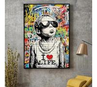JACBON Banksy Graffiti Art I Love Life Little Boy Poster and Print Wall Canvas Paintings Street Pop Art for Bedroom Living Decor 55x100cm Frameless