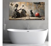 JACBON Banksy Graffiti Canvas Wall Art per soggiorno, arredamento moderno e contemporaneo, ragazza con gatto, stampa grande 70x140 cm (28x55 pollici), senza cornice