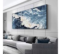 JACBON Quadro su tela astratto con onde bianche e blu del mare, grande dipinto su tela, paesaggio, poster per soggiorno, 62x122 cm (24x49 pollici), cornice interna