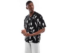 Jack & Jones - Camicia nera a maniche corte con stampa a fiori e rever-Nero XL