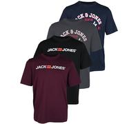 JACK & JONES Confezione da 4 magliette da uomo con stampa in cotone, diversi loghi, Confezione da 4 (1 nero, 1 porta reale, 1 blu navy, 1 asfalto), M