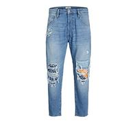 JACK & JONES Jeans cropped, vita alta, in tessuto non elasticizzato con rotture e toppe colorate. Blu 34W / 30L Denim chiaro