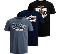 JACK & JONES JJELOGO - Maglietta da uomo con scollo rotondo, stile moderno, a maniche corte, in jersey di cotone, confezione da 3, Black/Navy Blazer/Grisaille, XL