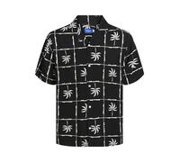 Jack & Jones - Camicia con collo a rever a maniche corte nera con stampa a griglia con palme in coordinato-Nero S