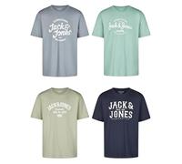JACK & JONES, set di 4 t-shirt da uomo, Regular Fit, JJLINO, girocollo, maniche corte, per l'estate, con stampa, colori nero, bianco, verde, rosso, blu, grigio, taglie S, M, L, XL, XXL, 3XL, 3XL
