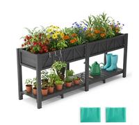 Jacklin F Vaso rialzato resistente alle intemperie 183x44x73cm con ripiano, 6 ganci e 2 tessuti non tessuti, per esterno giardino balcone terrazza, ortaggi erbe fiori - Nero