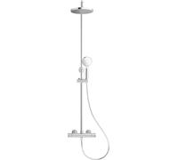 Jacob Delafon - Colonna doccia miscelatore termostatico Camille - Testa rotonda getto pioggia 20 cm - Doccetta rotonda 10,5 cm 3 getti - Ganci di fissaggio regolabili - Cromo - E41454-CP
