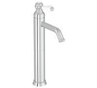 Jacob Delafon - Miscelatore lavabo con beccuccio alto Louise - Design retrò, manico in ceramica - Risparmio d'acqua - 17 x 36,2 x 5,5 cm - Finitura cromata - E24361-CP