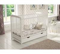 Jacob lettino bianco con il cassetto 120x60 cm con materasso e cover,Barriera di sicurezza in legno,Guaina protettiva