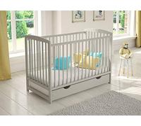 Jacob lettino grigio con il cassetto 120x60 cm con materasso e cover,Barriera di sicurezza in legno,Guaina protettiva