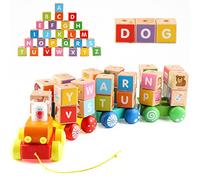 Jacootoys Trenino Giocattolo di Legno con Lettere Montaggio di Alfabeto Blocco Auto Costruzione Prescolare Giochi per Bambini di 2 Anni, 26 Pezzi