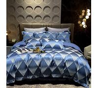 Jacquard Satin Duvet Cover,Luxury Floral Silky Comforter 4 Piece Bedding with Zipper Closure Suitable for Bedroom Rooms and Various (Beige King) (Square Blue Full)