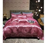Jacquard Satin Duvet Cover,Luxury Floral Silky Comforter 4 Piece Bedding with Zipper Closure Suitable for Bedroom Rooms and Various (Beige King) (Dark Pink King)