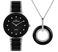 JACQUES LEMANS 42-7G-SET Orologio da donna Monaco in acciaio inox color argento con orologio in ceramica e collier con cristalli 10 ATM