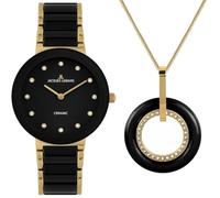 JACQUES LEMANS 42-7K-SET Orologio da donna Monaco in acciaio inox oro con orologio in ceramica e collier con cristalli, 10 ATM