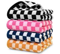 Jacquotha Set di 4 asciugamani di lusso, in morbido cotone, decorativi a scacchi, per cucina e bagno, nero, rosa acceso, blu navy, arancione, 33 x 73 cm, asciugamani per la famiglia da uomo e donna