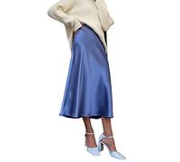 JACTZ Gonna Donna Donne Seta Raso Gonna Estate Elegante Gonne Lunghe Vita Alta A-Line Bella Gril Midi Gonna-Blue,L